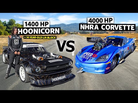 4,000HP NHRA Corvette C6 vs Ken Block's 1,400HP AWD Mustang // Hoonicorn vs The World 2