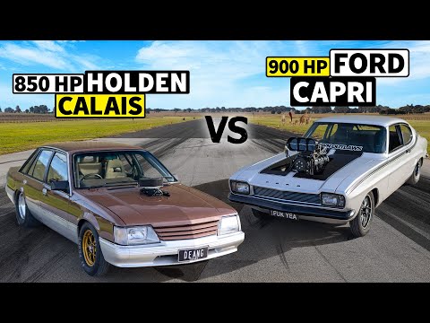 Burnout Cars Drag Race! 850hp Holden VK Calais vs 900hp Ford Capri // THIS vs THAT Down Under